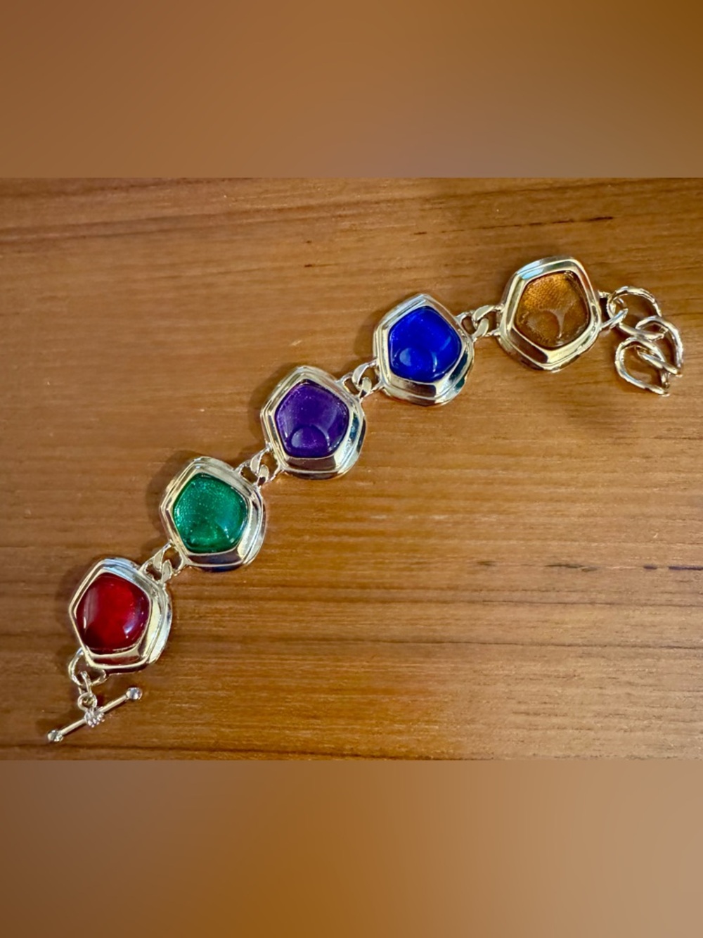 Vintage Avon—Caprianti Bracelet, Gold Tone Chain & Toggle, Jewel Tone Cabochons